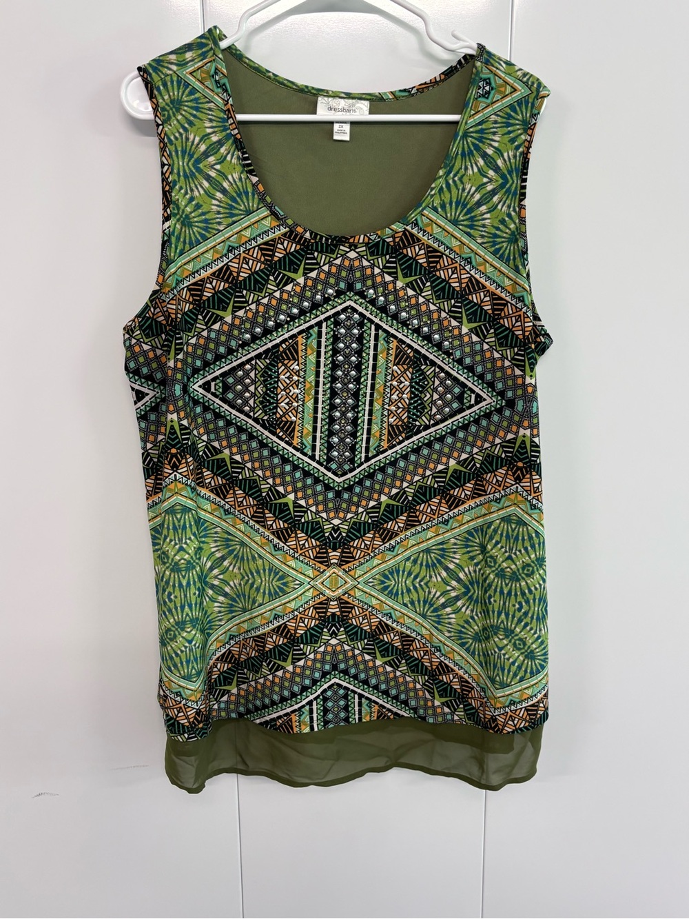 Dressbarn Tank Top Womens 2X Green Geometric Print Embellished Sleeveless